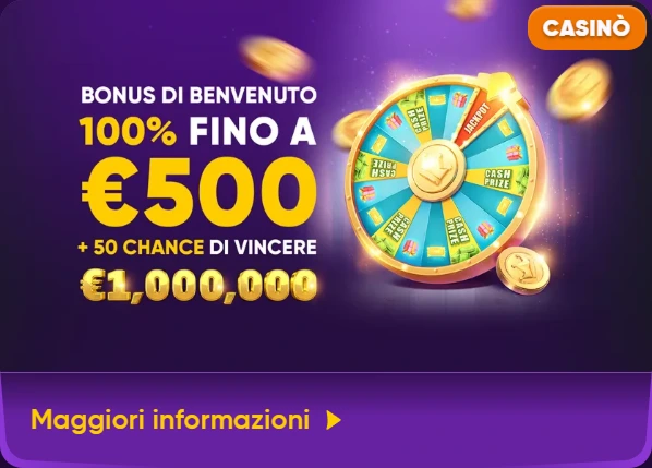 Immagine "Bonus di Benvenuto" con ruota della fortuna – Banner che mostra una ruota della fortuna con un bonus di benvenuto fino a 500€ e 1.000.000€ in palio