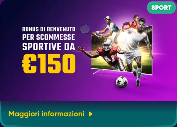 Immagine "Bonus per Scommesse Sportive" con giocatori di calcio – Banner che promuove un bonus per scommesse sportive da 150€, con immagini di giocatori di calcio