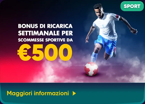 Bonus 5Immagine "Bonus di Ricarica Settimanale" per scommesse sportive – Immagine che promuove un bonus settimanale di 500€ per le scommesse sportive