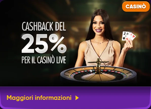 Immagine "Cashback per il Casinò Live" – Immagine che mostra una promo cashback del 25% per il casinò live