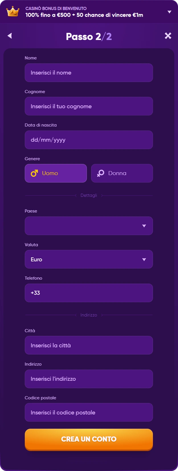 Registrazione 2 al Casinò" – Schermata di registrazione per un bonus di benvenuto al casinò, con il modulo per inserire email, password, nome, data di nascita, e dettagli di contatto