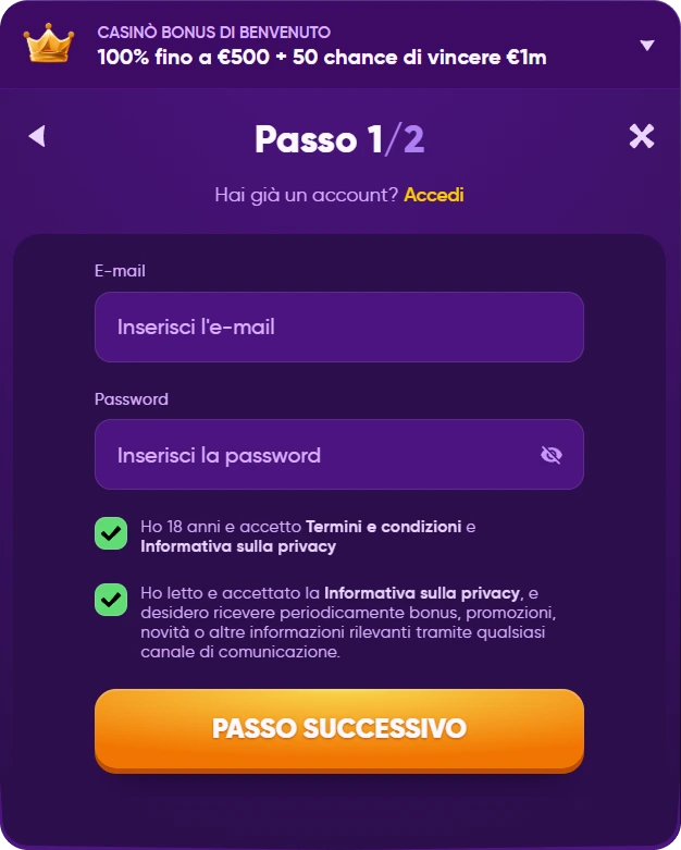 Registrazione al Casinò" – Schermata di registrazione per un bonus di benvenuto al casinò, con il modulo per inserire email, password, nome, data di nascita, e dettagli di contatto